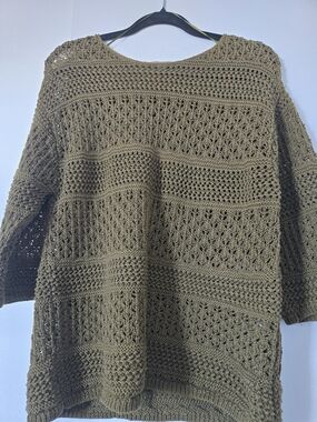 Open-Knit Crewneck Sweater in Olive Drab